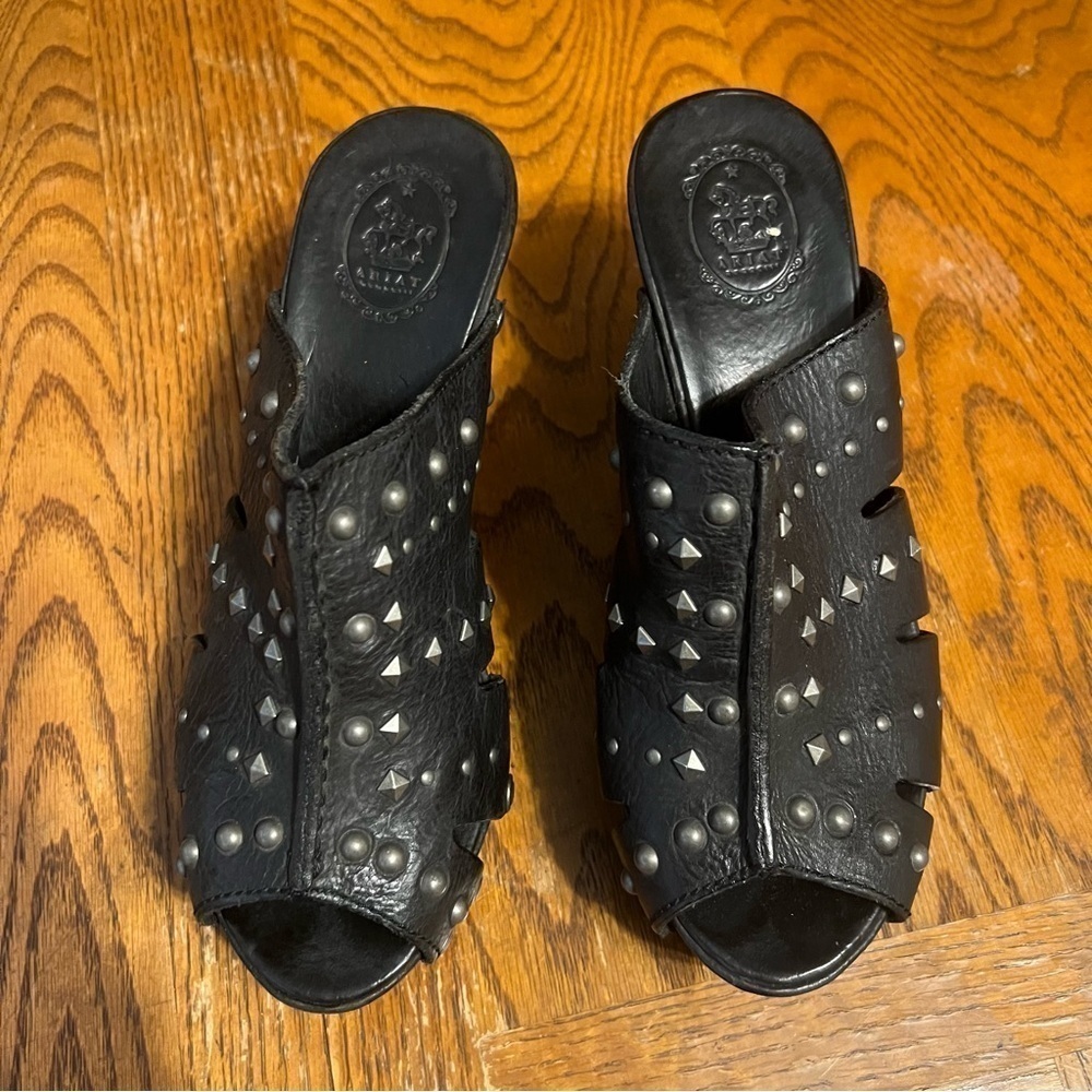 Ariat Studded Peep Toe Heeled Leather Slip-On Clog Mules in Black Sz 7 Y2K 90s - Picture 3 of 13